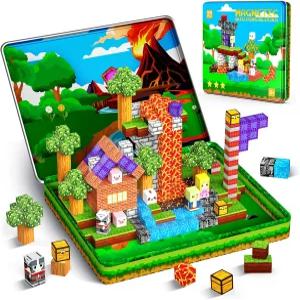 99PCS 마그네틱 블록 여행 장난감 휴대용 금속 상자가 있는 빌딩 3-5 4-8 8-12세 용 미니 건설 타일 STEM