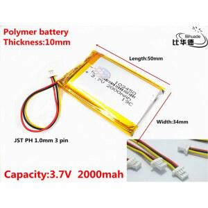 JST PH 1.0mm 3 핀 3.7V 2000mAh 103450 폴리머 리튬 이온 배터리 태블릿 PC 뱅크 GPS mp3 mp4