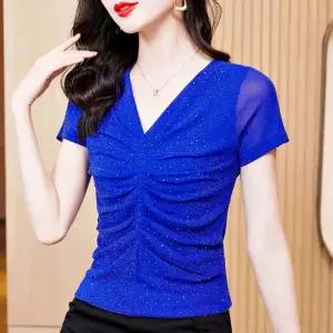 여성 블랙 봄 브이넥 상의 실크 메쉬 라틴댄스복 라인댄스