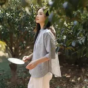 여자 면마 내추럴한 봄가을 반팔 셔츠 린넨 리조트룩 스트라이프 감성 DUCHI2