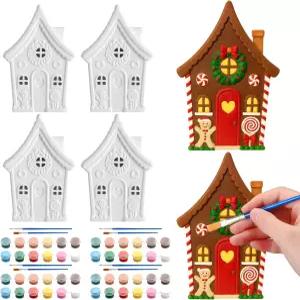 크리스마스 페인트 공예품을 칠하는 Seenelling 4Pcs Gingerbad House 세라믹 않은 파티 용품을 위한
