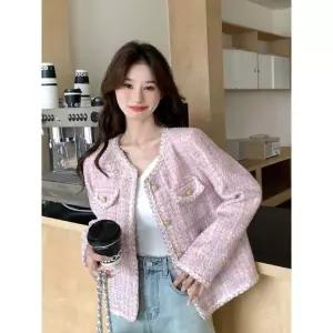 타노스여자 데일리룩 코트 하프 핑크 춘추 풍 트위드 쇼트 톱 KUK3