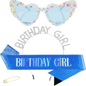 GZJINYUAN 3Pcs 생일 소녀 띠 머리띠 세트-생일 티아라 및 여아용 크라운 선글라스