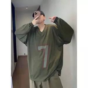 토르 남성 그린 가을 빈티지 밀리터리 메쉬 숫자 프린트 브이넥 긴팔 티 유니폼 OPH3