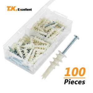 100Pcs 마른 벽에서 나온 나일론 늑골이있는 앵커 셀프 태핑 볼트 석고 보드 플라스틱