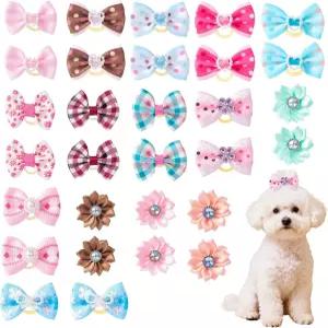 컴선 30 PCS 15쌍 반려견 헤어 보우 세트 고무 밴드가 있는 폴리에스터 사랑스러운 강아지 반려동물