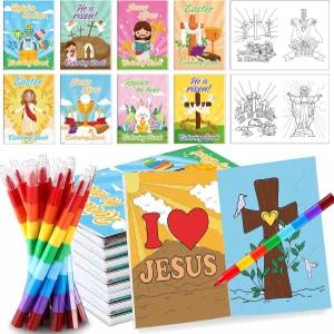 HABDJILTY 48PCS 크리스천 이스터 파티 컬러링 북스 미니 DIY 드로잉 북 세트 히즈 라이즈 종교 부활절