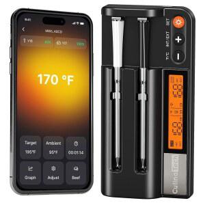 흡연자를 위한 CulinaTech 750피트 무선 육류 온도계 장거리, BBQ 및 로티세리, LCD 기지국 디스플레이 앱 제어 기능을 갖춘 2개의 프로브 스마트 블루투스 듀얼 센서