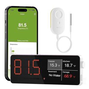MCOREO WiFi 냉장고 온도계, 원격 이메일 및 앱 알림, 2년간의 데이터 내보내기, 가정, 주방, 냉장고용 디지털 모니터 허브가 있는 스마트 온도 센서 프레저 알람 1개