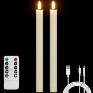 충전식 무염 테이퍼 캔들 2Pc 리얼 왁스 배터리 리모컨 및 타이머 LED 깜빡이는 현실적인 크리스마스 홈