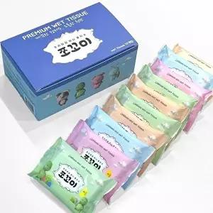 고품질 휴대용 미니 물티슈 엠보싱 원단 여행 외출용 10매 등하교 학교 여행용 WFLWE6O