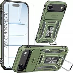 iPhone17 에어 케이스와 호환되는 휴대폰 카메라 렌즈 커버 및 HD 스크린 프로텍터 링 홀더 킥스탠드 자석