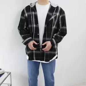 [하프클럽/]남자 오버핏 빅사이즈 옆트임 체크 남방 후드 셔츠