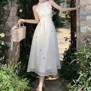 리본 스트랩 플라워 자수 맥시 원피스 홀터넥 여신