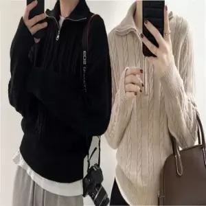 여자 꽈배기 하이넥 목폴라 니트 하프 카라 집업 상의