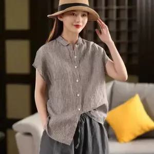 여친 여름 빈티지 예쁜핏 스트라이프 셔츠 핀 린넨 피터 칼라 반팔 싱글 톱 OOTD2