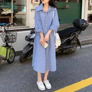 [에이치플러스몰]스트라이프 루즈핏 롱 셔츠 원피스 데일리웨어