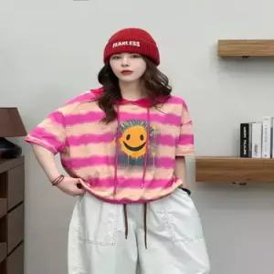 여사친 후드티 레터링 스마일 반팔 티 봄여름 후드 스트라이프 스트링 톱 OP2