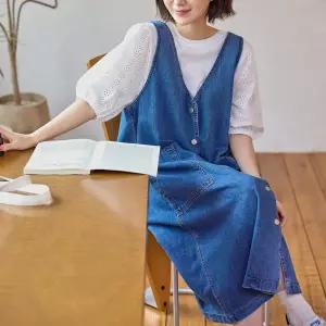브이넥 데님 뷔스티에 롱 원피스 여성 빅사이즈