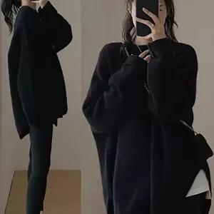 여자 데일리 루즈 핏 니트 검정 박시 롱 상의 코디 (HSJ-WF65D04)