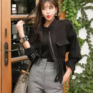 롱 코트 스트링 여자야구점퍼 쇼트 자켓 집업 시스루 숄더 ible1