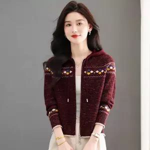 여성 니트 빈티지 후드 카디건 자카르 가을옷 슬림핏 집업 DUCHI3