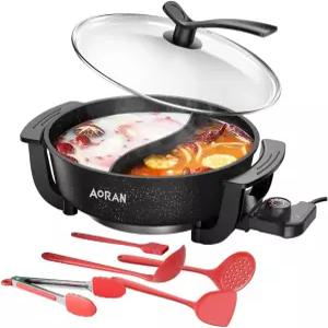 AORAN 6L 전기 전골 냄비 논스틱 무연 요리 칸막이 포함 퐁듀 샤부샤부 다기능 국자 집게 오일 브러시 음식