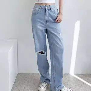 [하프클럽/]빅사이즈 여자 와이드 깔끔한 핏 찢청 데님 팬츠 청바지