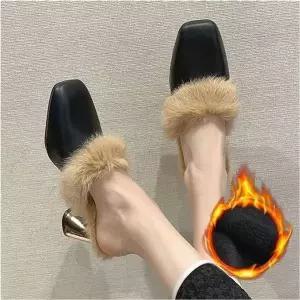 [하프클럽/]여성 펌프스 통굽 사각앞코 퍼안감 정장구두 겨울 뮬 2색