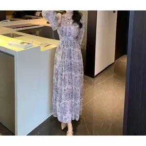 [무슈봉]벌룬소매 허리트임 수채화 쉬폰 롱원피스