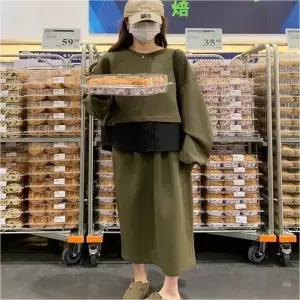 [하프클럽/]배색 세트 여자 투톤 롱 레이어드 맨투맨 스커트