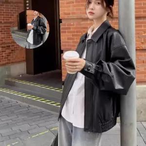 여성 오버핏 가죽 라이더 자켓 블루종 점퍼