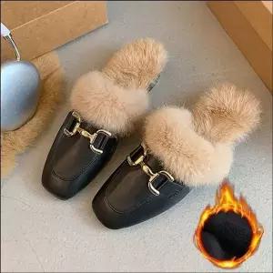 [하프클럽/]겨울 여자 뮬 퍼 2색 블로퍼 포인트 털 골드버클 신발