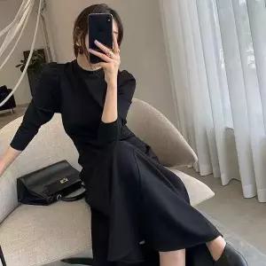 [하프클럽/]우아한 하이넥 퍼프소매 블랙 롱원피스 세련된 데일리룩