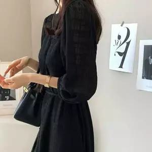 [하프클럽/]쉬폰소재모던 하절기 퍼프소매 허리스트랩 롱드레스
