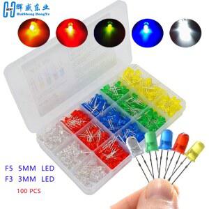 100 3MM 5MM F3 F5 LED DIY 라운드 발광 키트 블루 그린 다이오드 옐로우 울트라 레드 브라이트 화이트