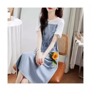 EAMT 여자 청치마 유럽 패션 펀칭 패치 스커트 여름 퍼프 소매 얇은 데님 조거 원피스 EUNG2