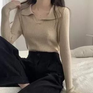 [하프클럽/]세련된 브이넥 트임 카라 롱슬리브 골지 탑