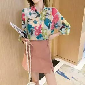 [하프클럽/]데일리 컬러풀 꽃무늬 로고프린트쉬어소재 재질 오픈칼라셔츠