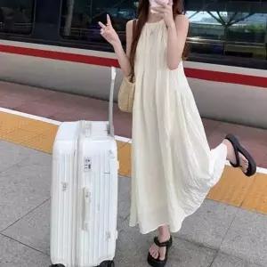 [하프클럽/]여성용 홀터넥 앞 주름 휴가 바닷가 나시 롱드레스 숏슬리브 여