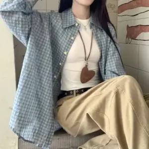[하프클럽/]레이디스블루 시즌 체크패턴 오버실루엣 와이셔츠