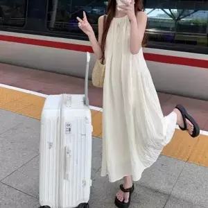 [하프클럽/]여성용 홀터넥 앞 주름 휴가바닷가 소매없음 드레스 베이직