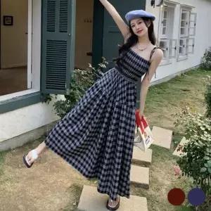[하프클럽/]깅엄 디자인 튜브탑 느낌 걸스 세미플레어 머스트해브 슬리브리