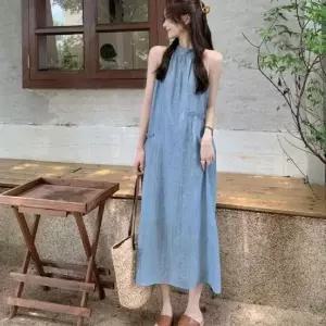 [하프클럽/]탱크탑 홀터넥 컴포트 원 비치 드레스 데일리 해변원 뷔스티에