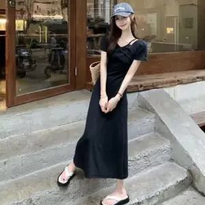 [하프클럽/]슬릿프릴 타이트 드레스 캐주얼룩 트렌디 휴가룩 면원피스 숏티