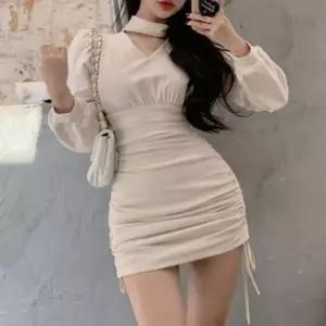[하프클럽/]스몰 이브닝 드레스 심플홀터넥 세미플레어 파티 원피스룩