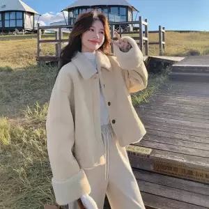 무천도사 여친 여자 페이크 재킷 가죽 퍼 일체형 쇼트 코트 KKE1