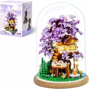 DIY 꽃 건축 세트 벚꽃 나무 집 키트 보라색 및 노란색 사쿠라 성인 소녀를 위한 블록 먼지 덮개가 있는