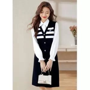 포뇨 니트 원피스 여사친 가을 투피스 페이크 스트라이프 칼라 미디스커트 긴팔 OPH3