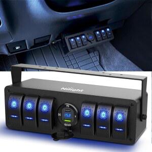 Nilight 6 갱 로커 스위치 박스 알루미늄 12V RV 타입 SPST C 및 방수 오프 패널 전압계 충전기 USB 야간 보트카 스티커 조명 PD 트럭용 ON